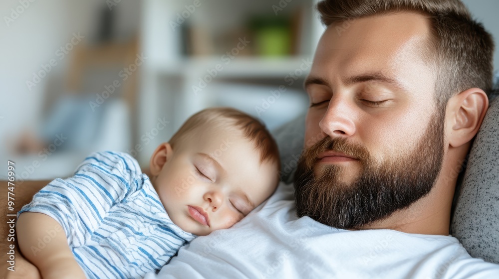 A father peacefully sleeps with his baby on his chest, both in casual home attire, capturing a serene moment of family love, comfort, and deep bond. A father peacefully sleeps with his baby on his chest, both in casual home attire, capturing a serene moment of family love, comfort, and deep bond.