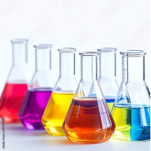 Colorful laboratory glass flasks filled with bright liquids on a white background, Colorful chemistry lab, Science and experimentation