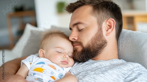 A bearded father and his infant child sleep together in a cozy home atmosphere, portraying a scene of tranquility, love, and deep familial connection.