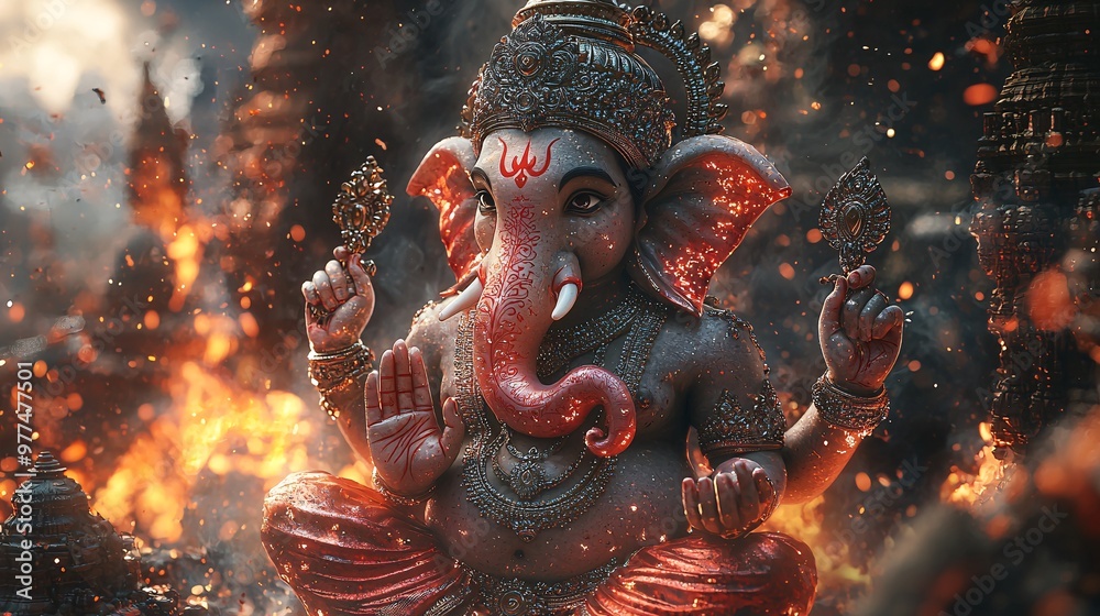 Create a 3D image of Ganesh in a divine dance posture, with celestial lights highlighting his form Create a 3D image of Ganesh in a divine dance posture, with celestial lights highlighting his form