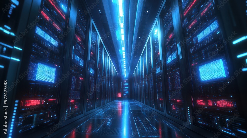 A futuristic data center solution showcasing automated server management, cloud integration, and energy efficiency. A futuristic data center solution showcasing automated server management, cloud integration, and energy efficiency.