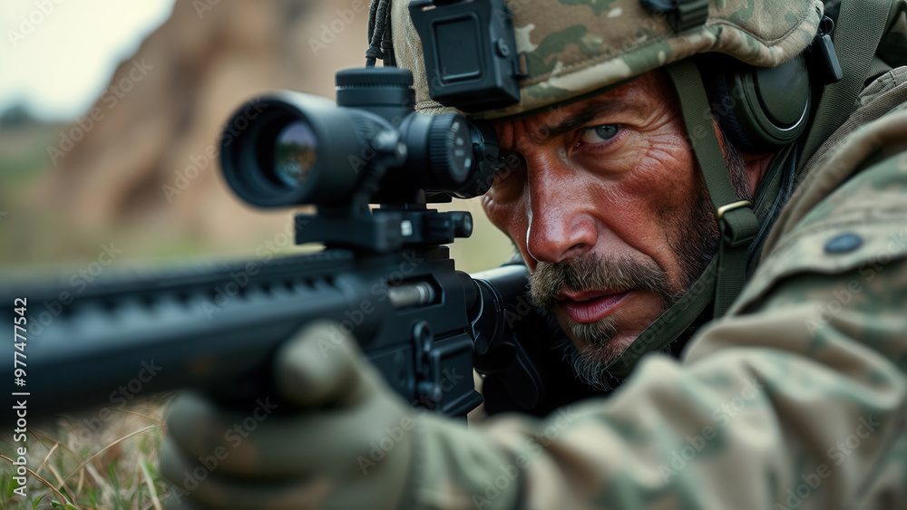 A sniper dressed in camouflage aims through a scope, equipped with a rifle in a natural, likely military or tactical, setting. The scene showcases focus and precision under duress. A sniper dressed in camouflage aims through a scope, equipped with a rifle in a natural, likely military or tactical, setting. The scene showcases focus and precision under duress.