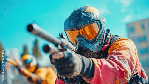 Action-packed paintball scene featuring players equipped with markers and protective gear, set against a vibrant background. photo