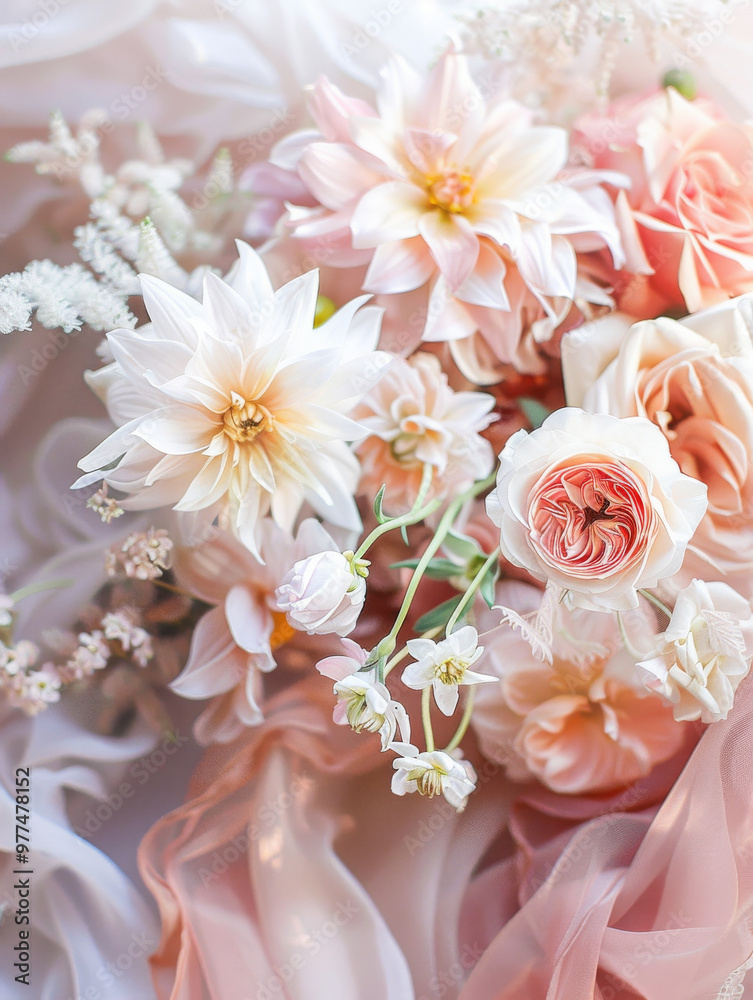 A beautiful arrangement of soft pink and cream flowers, including dahlias and roses, elegantly displayed with delicate greenery and flowing fabric. This floral composition exudes sense of tranquility A beautiful arrangement of soft pink and cream flowers, including dahlias and roses, elegantly displayed with delicate greenery and flowing fabric. This floral composition exudes sense of tranquility