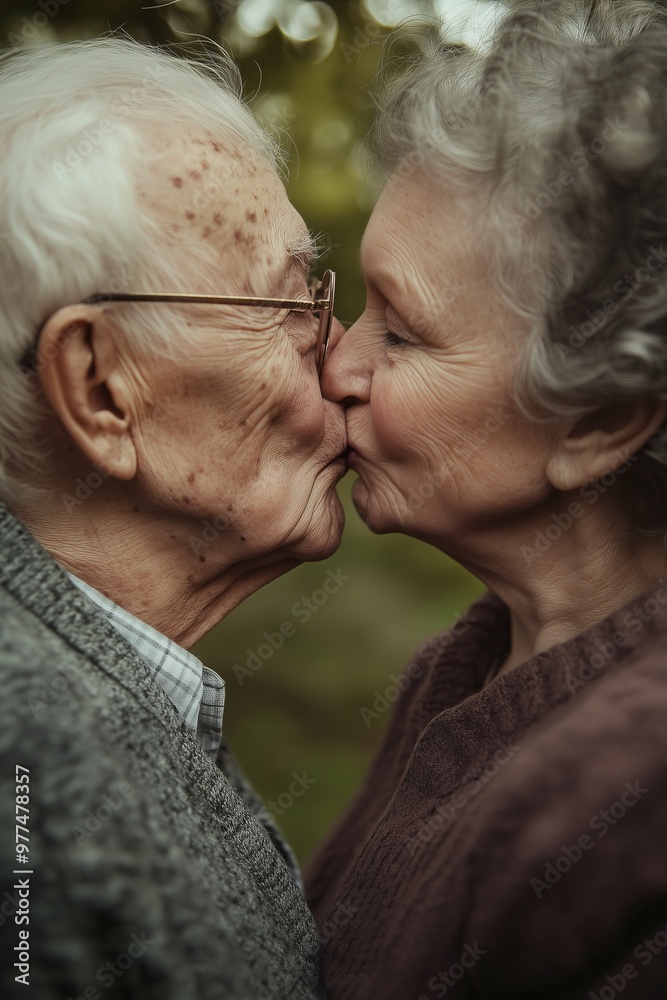 An elderly couple shares a tender kiss in a garden setting An elderly couple shares a tender kiss in a garden setting