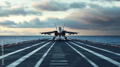aircraft carrier at sea with a fighterjet standing about to takeoff