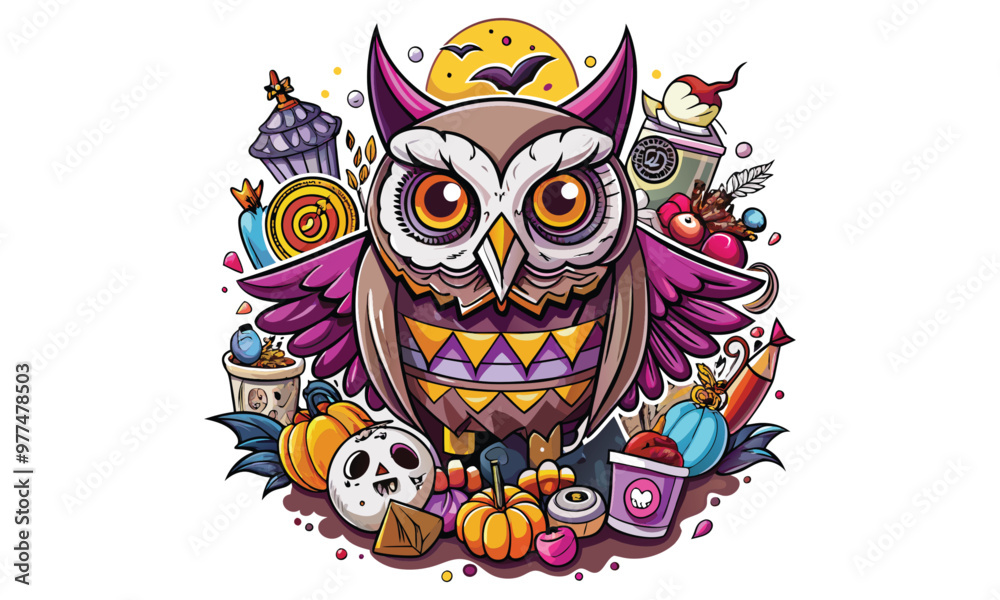 Fototapeta premium Halloween-Owl T-shirt Design, Unique hand-drawn vector illustration, Icon Concept isolated on white background, Ideal for t-shirt prints.