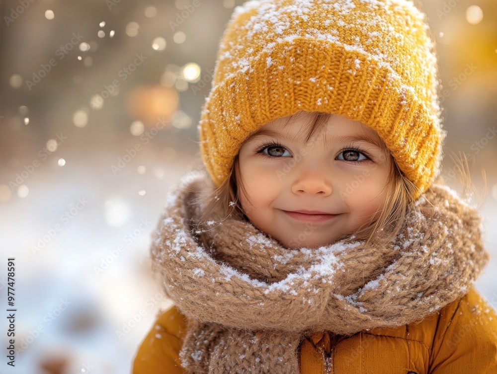 A smiling child in a yellow hat and scarf enjoys a snowy day in a winter wonderland A smiling child in a yellow hat and scarf enjoys a snowy day in a winter wonderland