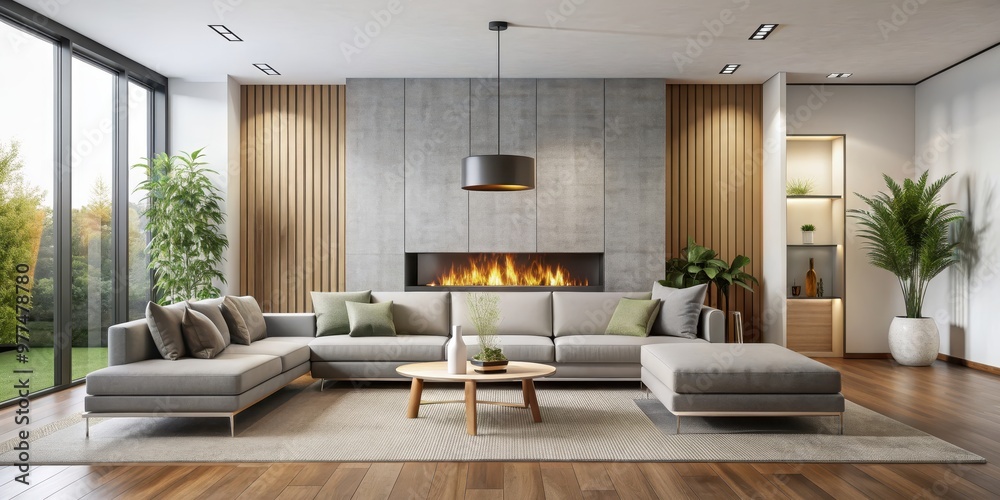 Modern minimalist living room with large sofa and fireplace, interior design, contemporary, cozy, spacious
