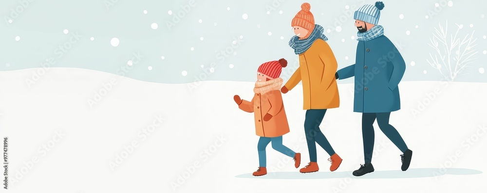 Family taking a walk in the snow, bundled up in winter gear, enjoying a healthy, active holiday Family taking a walk in the snow, bundled up in winter gear, enjoying a healthy, active holiday