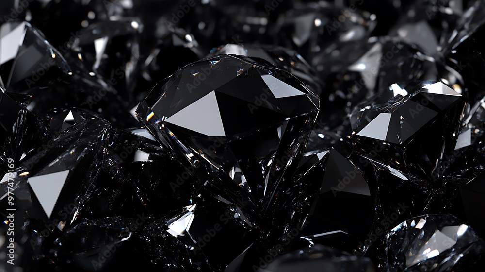 Close-up of a Collection of Black Diamonds with Sparkling Facets Close-up of a Collection of Black Diamonds with Sparkling Facets