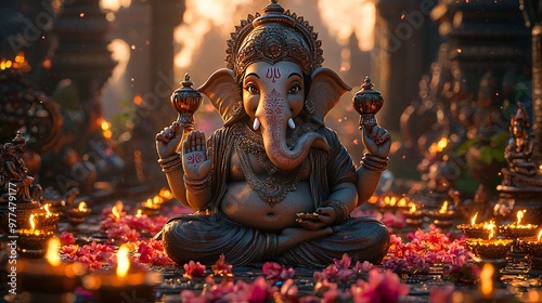 Design a 3D cartoon of Ganesh at a Diwali celebration, surrounded by lights and diyas, symbolizing prosperity