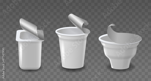 Set Of Three Open Yogurt Containers In A Different Shape With Foil Lids Isolated On A Transparent Background