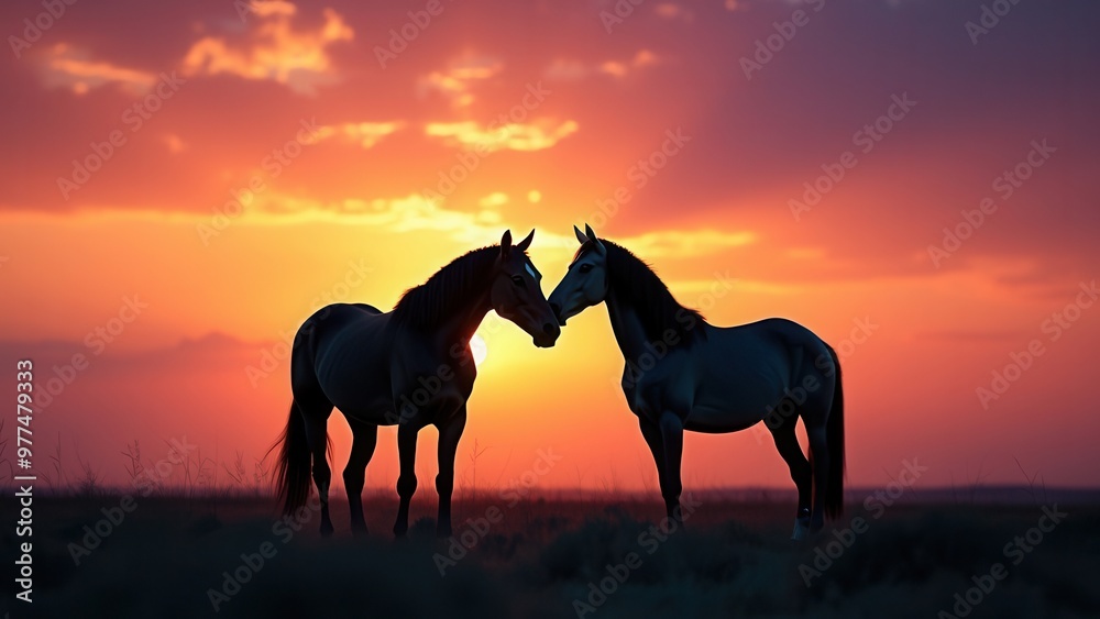 Two horses face each other in a picturesque field, framed by the brilliant colors of the sunset, creating a warm and captivating scene that exudes harmony and natural beauty. Two horses face each other in a picturesque field, framed by the brilliant colors of the sunset, creating a warm and captivating scene that exudes harmony and natural beauty.