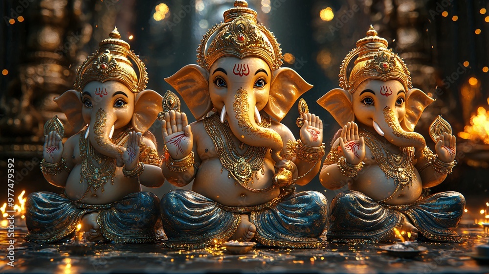 Show a 3D realistic cartoon of Ganesh dancing with celestial beings, symbolizing the joy of divine celebration Show a 3D realistic cartoon of Ganesh dancing with celestial beings, symbolizing the joy of divine celebration