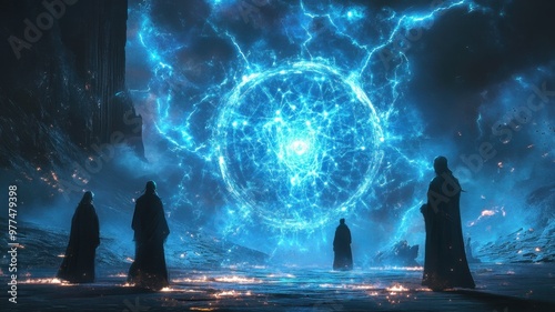 Mysterious figures stand before a glowing portal, surrounded by cosmic energy and swirling light, evoking a sense of magic and intrigue.