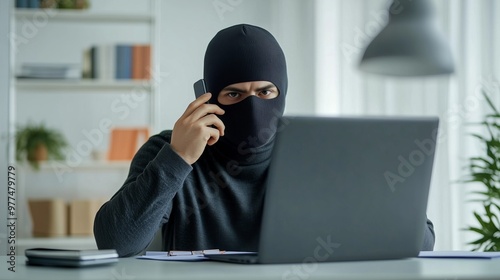 A masked individual is talking on a phone while using a laptop, possibly engaging in criminal activity photo