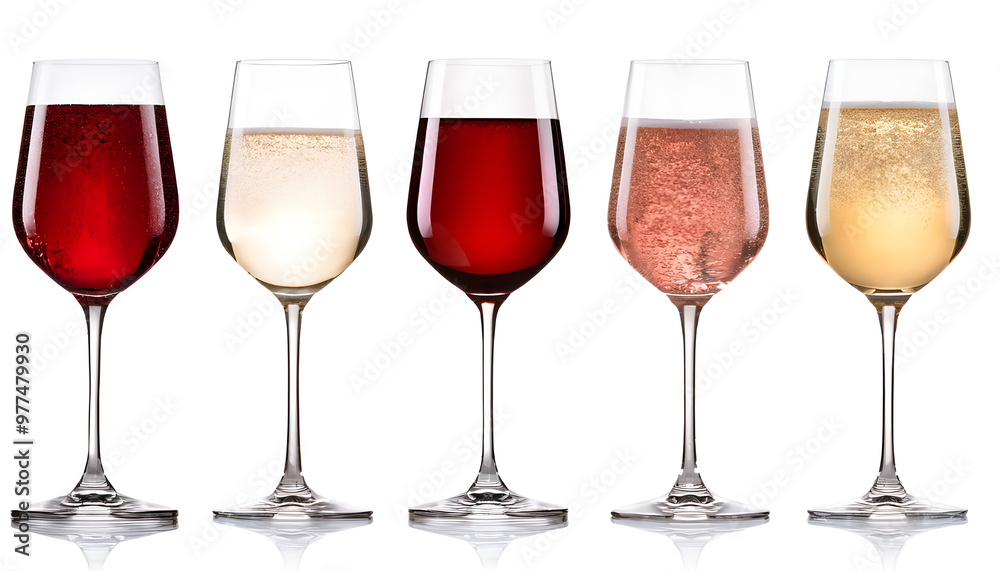 Collection set of red white rosé rose champagne wine glass goblet on transparent background cutout, PNG file. Mockup template for artwork graphic design Collection set of red white rosé rose champagne wine glass goblet on transparent background cutout, PNG file. Mockup template for artwork graphic design
