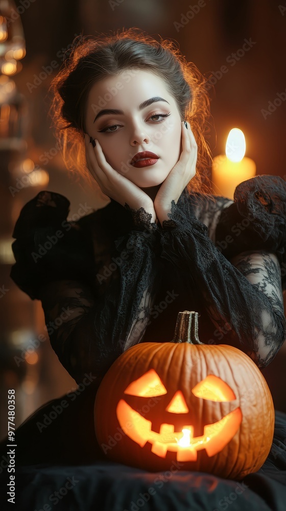 Enigmatic woman in a dark, sultry gown, posing with a carved pumpkin and eerie Halloween decor, moonlight casting shadows Enigmatic woman in a dark, sultry gown, posing with a carved pumpkin and eerie Halloween decor, moonlight casting shadows