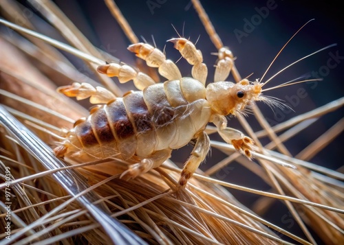 Microscopic close-up of a tiny parasitic insect, the head louse, with six legs and a rounded body, clinging to a human hair shaft. photo