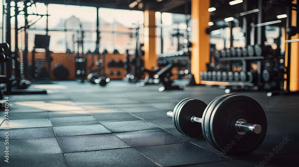 Empty Sport gym interior with Exercise equipment is neatly arranged, bathed in natural light streaming through large windows Empty Sport gym interior with Exercise equipment is neatly arranged, bathed in natural light streaming through large windows