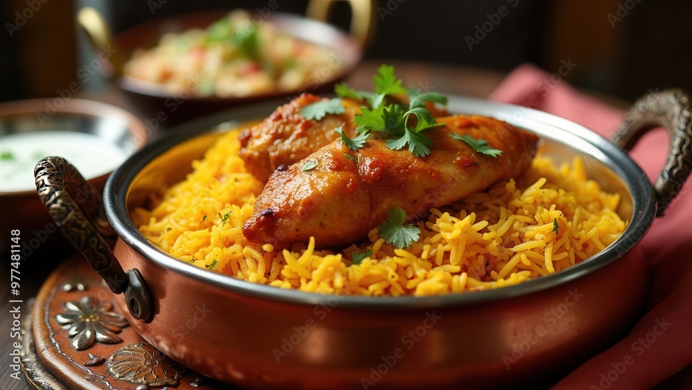 A beautifully presented chicken biryani in a traditional copper vessel, garnished with fresh herbs, accompanied by sides, highlighting the rich flavors and cultural heritage of Indian cuisine in a coz A beautifully presented chicken biryani in a traditional copper vessel, garnished with fresh herbs, accompanied by sides, highlighting the rich flavors and cultural heritage of Indian cuisine in a coz