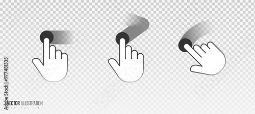 Touch effect of hand gesture on transparent grid background. Icon of hand movement on the touch screen with blurry motion in white color. Vector illustration of swipe here icon