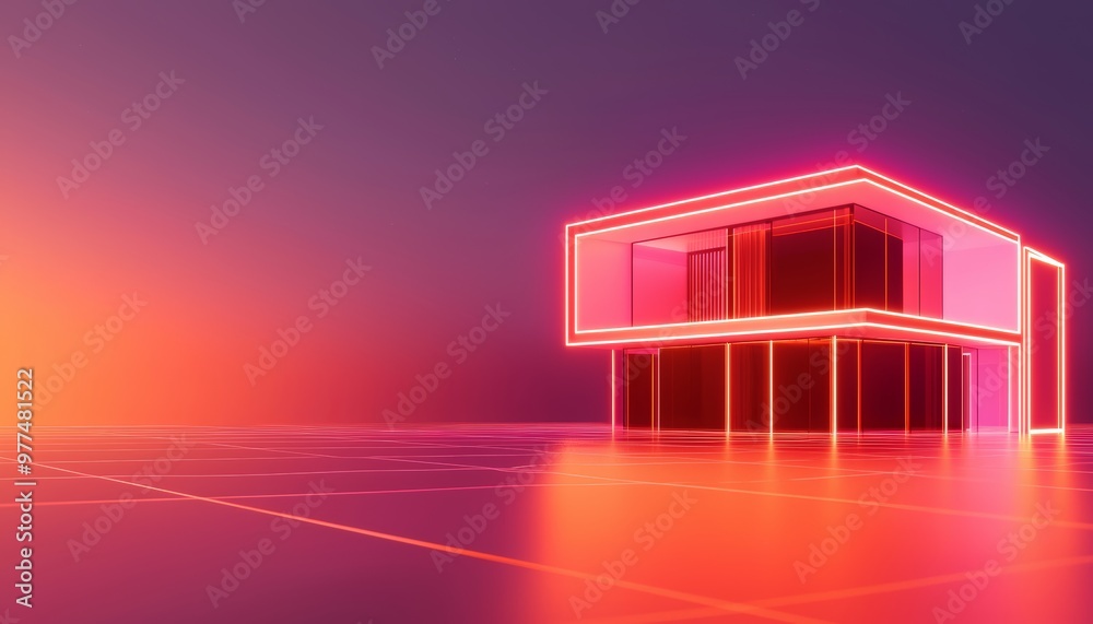 A futuristic home floating on a digital grid, with glowing neon lines tracing the architectural plans, blending modern aesthetics with technical precision A futuristic home floating on a digital grid, with glowing neon lines tracing the architectural plans, blending modern aesthetics with technical precision