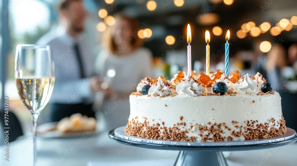 A birthday cake with three lit candles and a glass of champagne in the foreground, featuring a background of blurred people and decorative lights, indicating a celebration. A birthday cake with three lit candles and a glass of champagne in the foreground, featuring a background of blurred people and decorative lights, indicating a celebration.