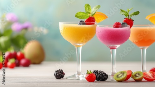 Colorful fruit cocktails served in elegant glasses with fresh berries and mint garnish on a light wooden table.