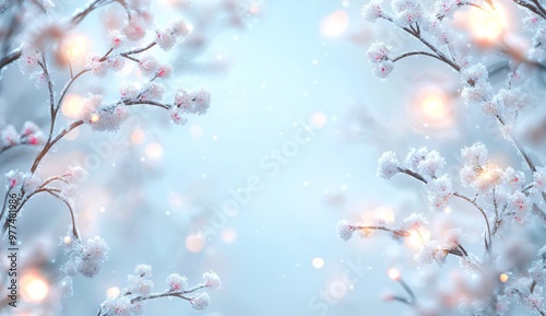 Branches and berries of snowy winter holidays background