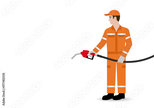 Worker in Uniform Refuel or Fill up Fuel to Car at Gas Station. Vector Illustration. 