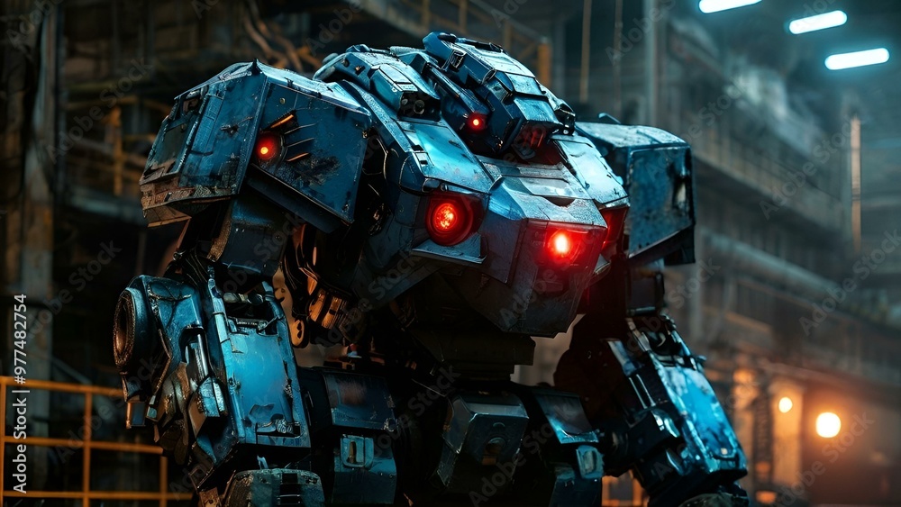 Fototapeta premium A sleek robot positioned before a factory, symbolizing the integration of automation in modern manufacturing processes.