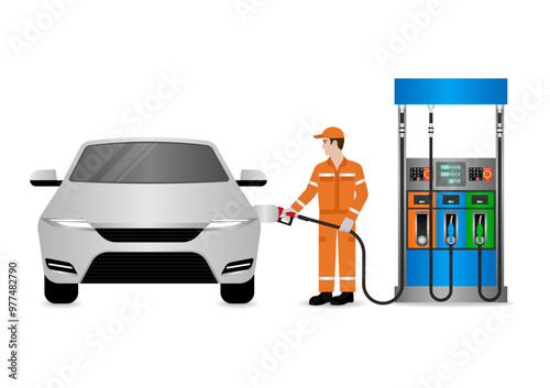 Worker in Uniform Refuel or Fill up Fuel to Car at Gas Station. Vector Illustration. 