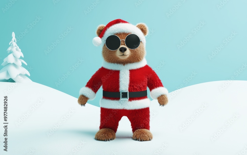 A joyous bear dressed in a Santa suit and round sunglasses, standing in a snowy landscape with a light blue-to-white gradient backdrop A joyous bear dressed in a Santa suit and round sunglasses, standing in a snowy landscape with a light blue-to-white gradient backdrop