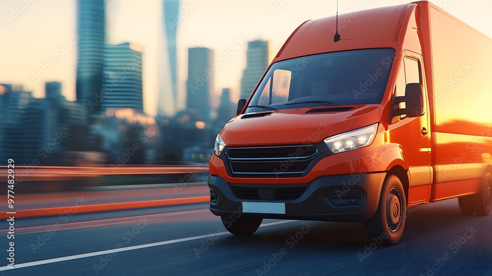 An orange delivery truck speeds along a city road at sunset, showcasing urban life and transportation in motion. An orange delivery truck speeds along a city road at sunset, showcasing urban life and transportation in motion.