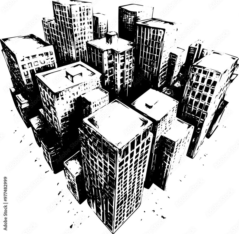 Obraz premium Buildings dessin à l'encre noire, effet de perspective, fond transparent