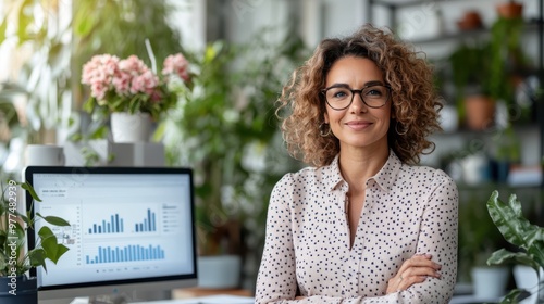 A creative woman in a polka dot shirt and glasses stands confidently at her plant-filled workspace, exuding innovation and a unique approach to her environment. photo