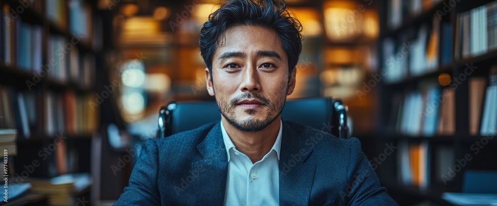 Fototapeta premium Confident Man in Suit Looking at Camera in Library