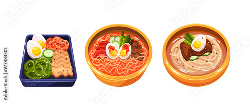 Traditional Korean Food Dishes Including Bibimbap And Noodle Soup Bowls. Cartoon Vector Image Displays Ingredients
