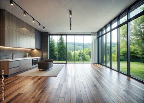 Modern minimalist interior features grey-toned wood flooring, sleek lines, and natural light pouring through large windows, creating a calm and sophisticated atmosphere. photo