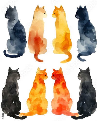 Boho Black cat silhouettes, watercolor illustration