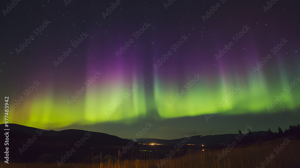 The Northern Lights at the night sky with vibrant hues of green, purple glowing The Northern Lights at the night sky with vibrant hues of green, purple glowing