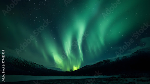 The Northern Lights at  the night sky with vibrant hues of green, purple glowing