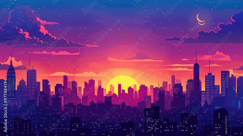 Cityscape on a colorful background with bright and glowing lights Cityscape on a colorful background with bright and glowing lights