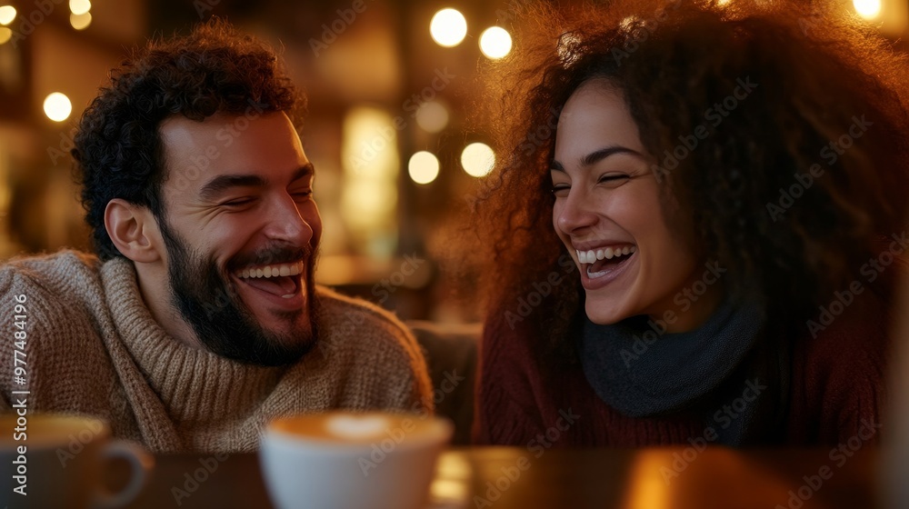A joyful couple sharing laughter in a cozy cafe, illuminated by warm lights, creating an inviting and romantic atmosphere.