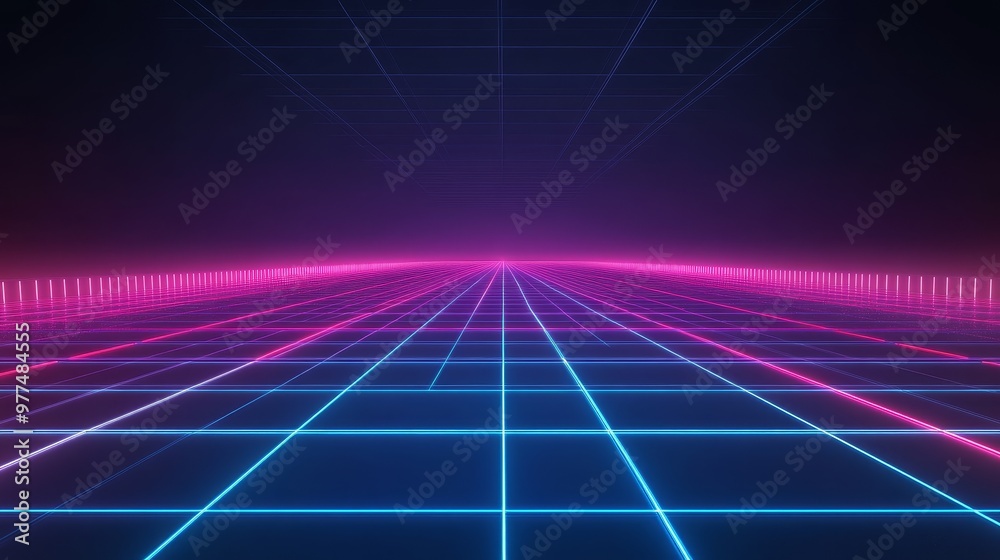 Futuristic grid landscape with neon colors, creating a digital and vibrant atmosphere perfect for technology and retro themes. Futuristic grid landscape with neon colors, creating a digital and vibrant atmosphere perfect for technology and retro themes.