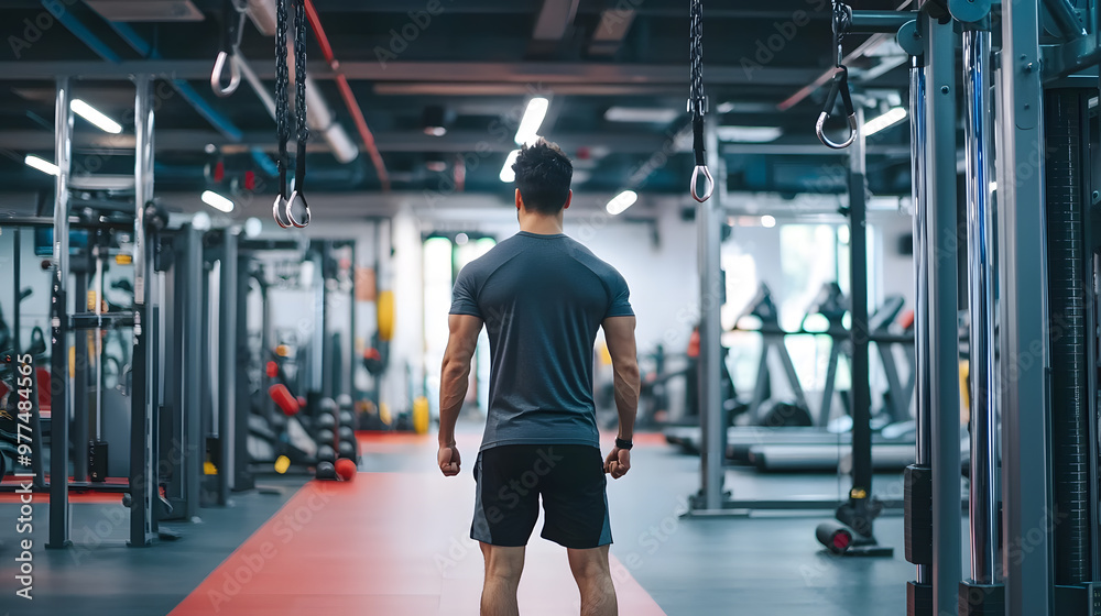 A man in a gym lifts weights, focused and determined, surrounded by exercise equipment A man in a gym lifts weights, focused and determined, surrounded by exercise equipment