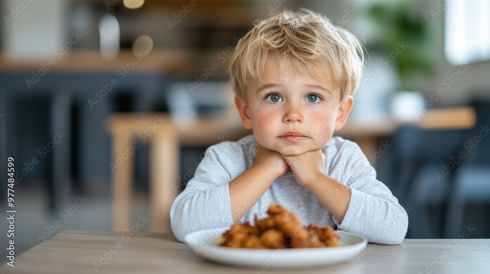 A curious toddler stares eagerly at a plate of food in a cozy dining setting, portraying the innocence and exploration that highlights childhood experiences. A curious toddler stares eagerly at a plate of food in a cozy dining setting, portraying the innocence and exploration that highlights childhood experiences.