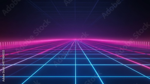 Futuristic grid landscape with neon colors, creating a digital and vibrant atmosphere perfect for technology and retro themes.